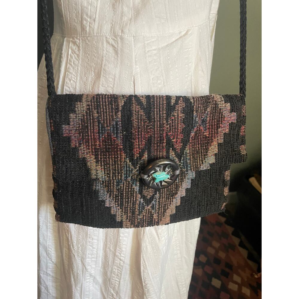 Aztec Southwestern Western Sling Handwoven Crossbody. Turquoise Detail.
